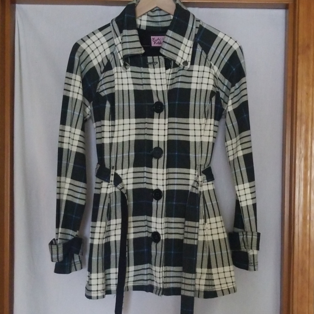 Plaid black, cream, and blue jacket